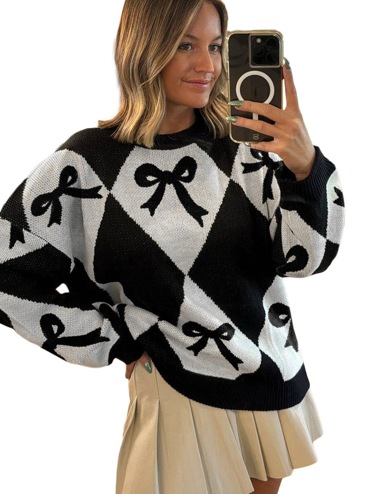 Womens Trendy Pullover Sweater With A Bow-knot Print And Long Knitted