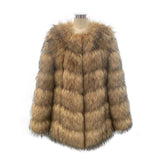 Faux raccoon fur overcoat women in seedling yellow with patchwork design and fluffy texture.