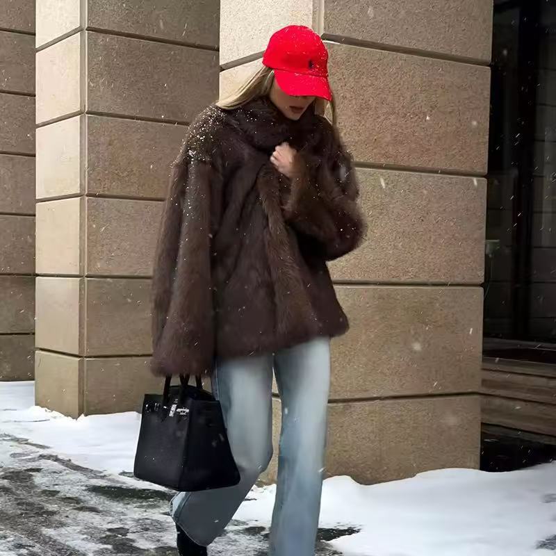 Mid Length Womens Faux Fox Fur Coat With A Blazer Style 