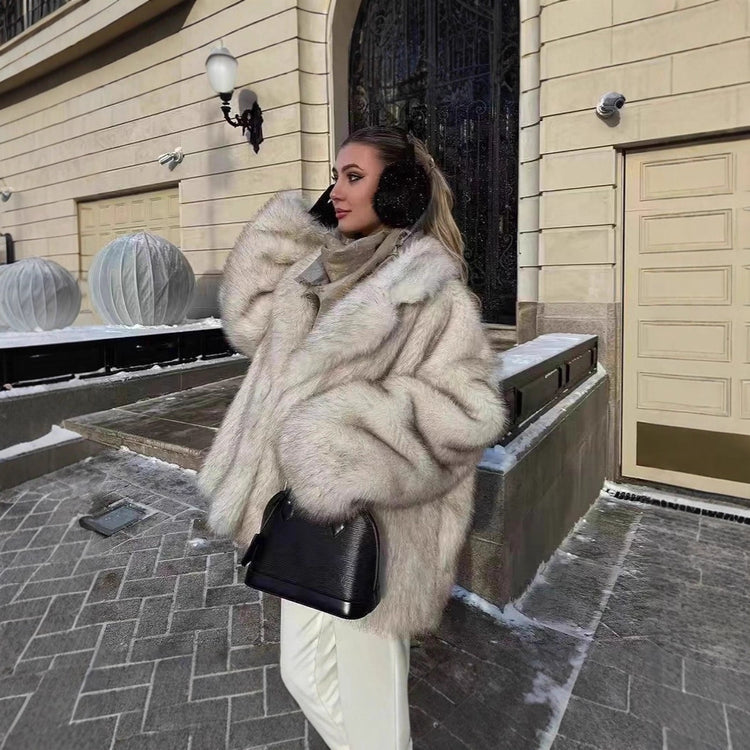 Mid Length Womens Faux Fox Fur Coat With A Blazer Style 