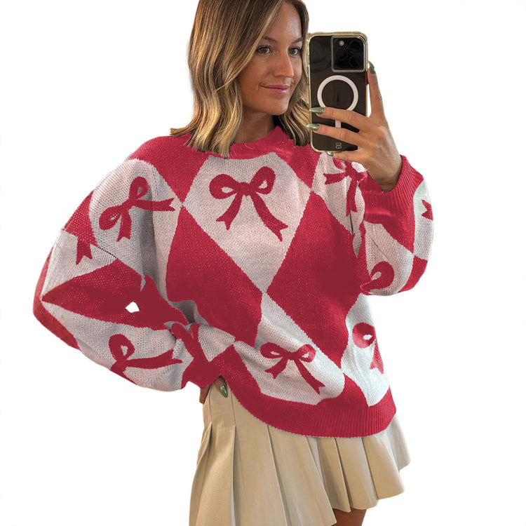 Womens Trendy Pullover Sweater With A Bow-knot Print And Long Knitted 