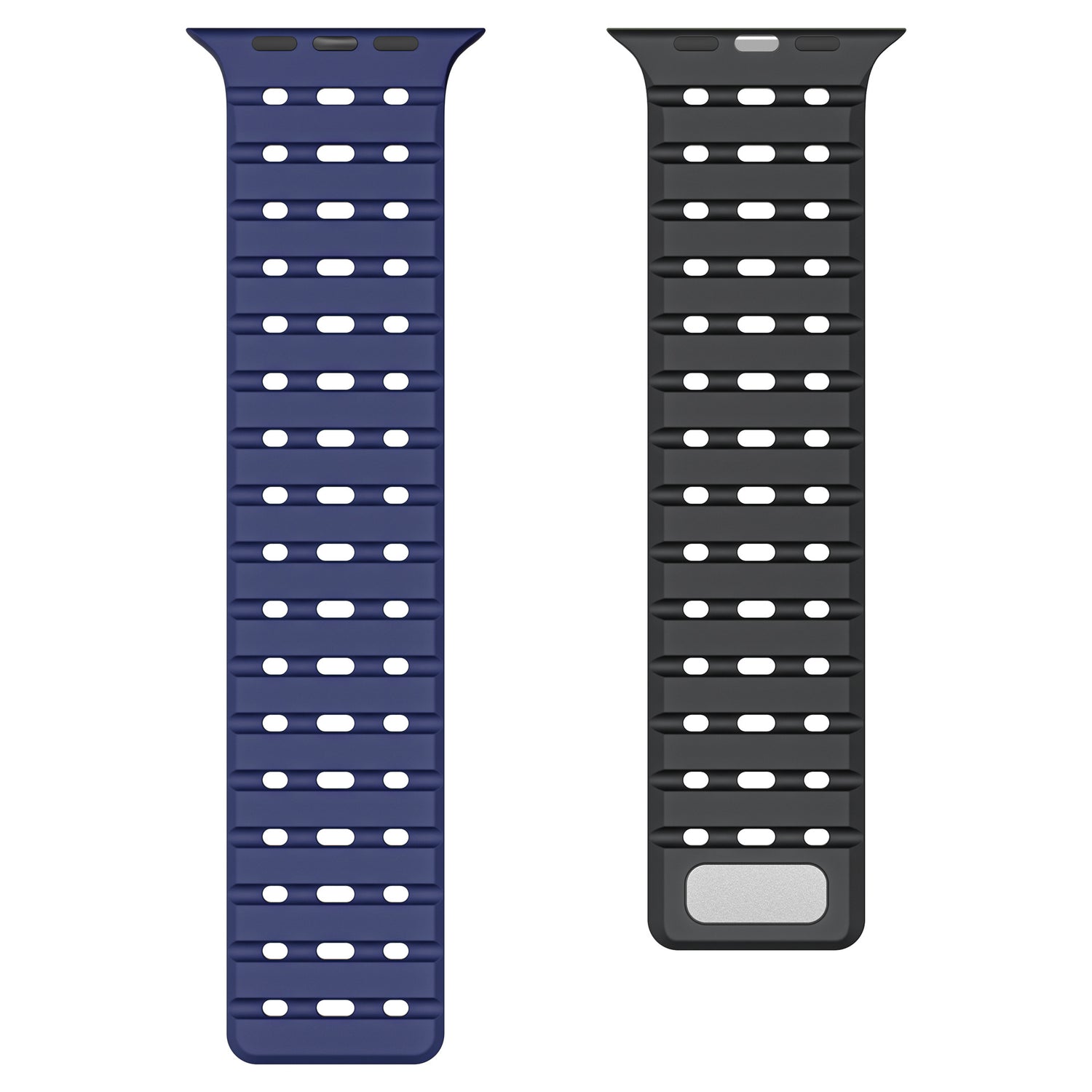 Breathable Magnetic-Attachment Perforated Watch Strap, one blue and one black, on a white background