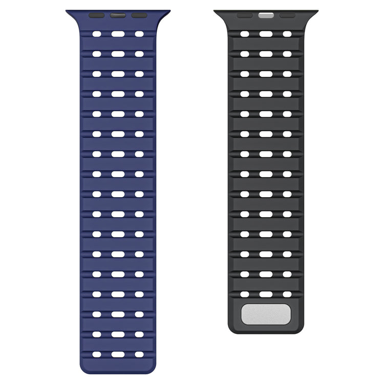 Breathable Magnetic-Attachment Perforated Watch Strap, one blue and one black, on a white background