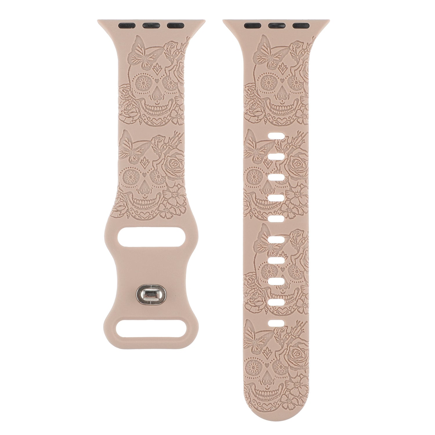 Relief 8-Character Buckle Skull Carving Silicone Watch Strap band with skull and floral designs on a white background