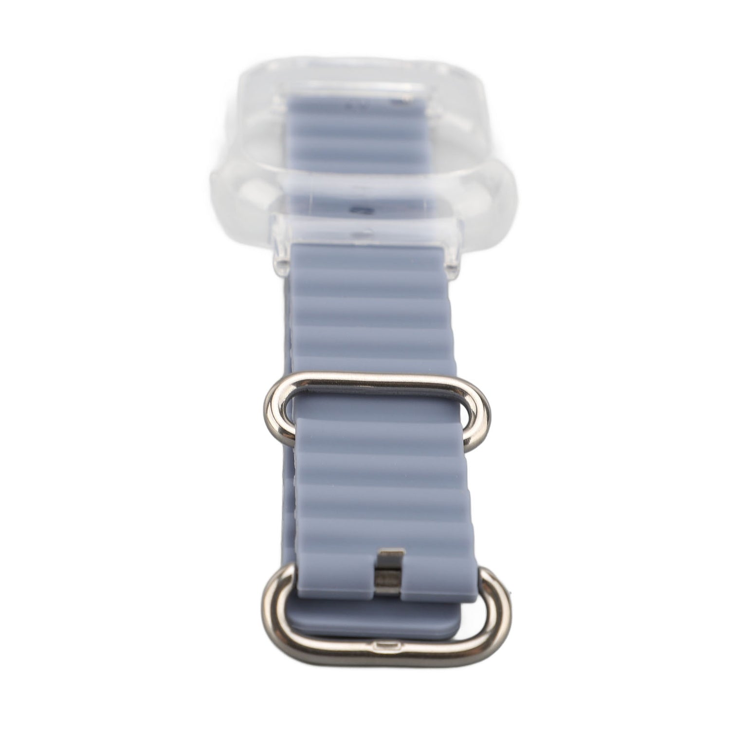 silicone replacement wristband for Watch 4 with silver hardware on a white background