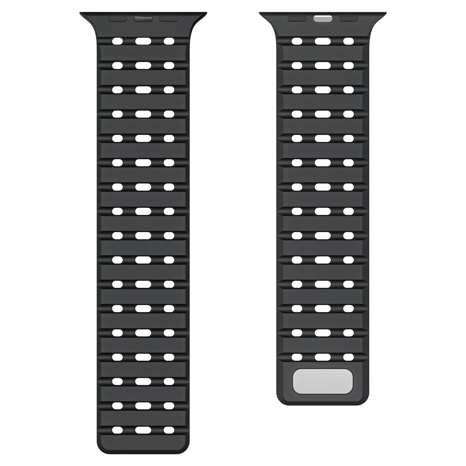Breathable Magnetic-Attachment Perforated Watch Strap with a silver logo on a white background