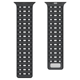 Breathable Magnetic-Attachment Perforated Watch Strap with a silver logo on a white background