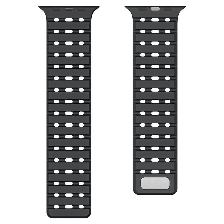 Breathable Magnetic-Attachment Perforated Watch Strap with a silver logo on a white background