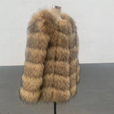 Faux raccoon fur overcoat women in seedling yellow, showcasing a stylish patchwork design and long sleeves.