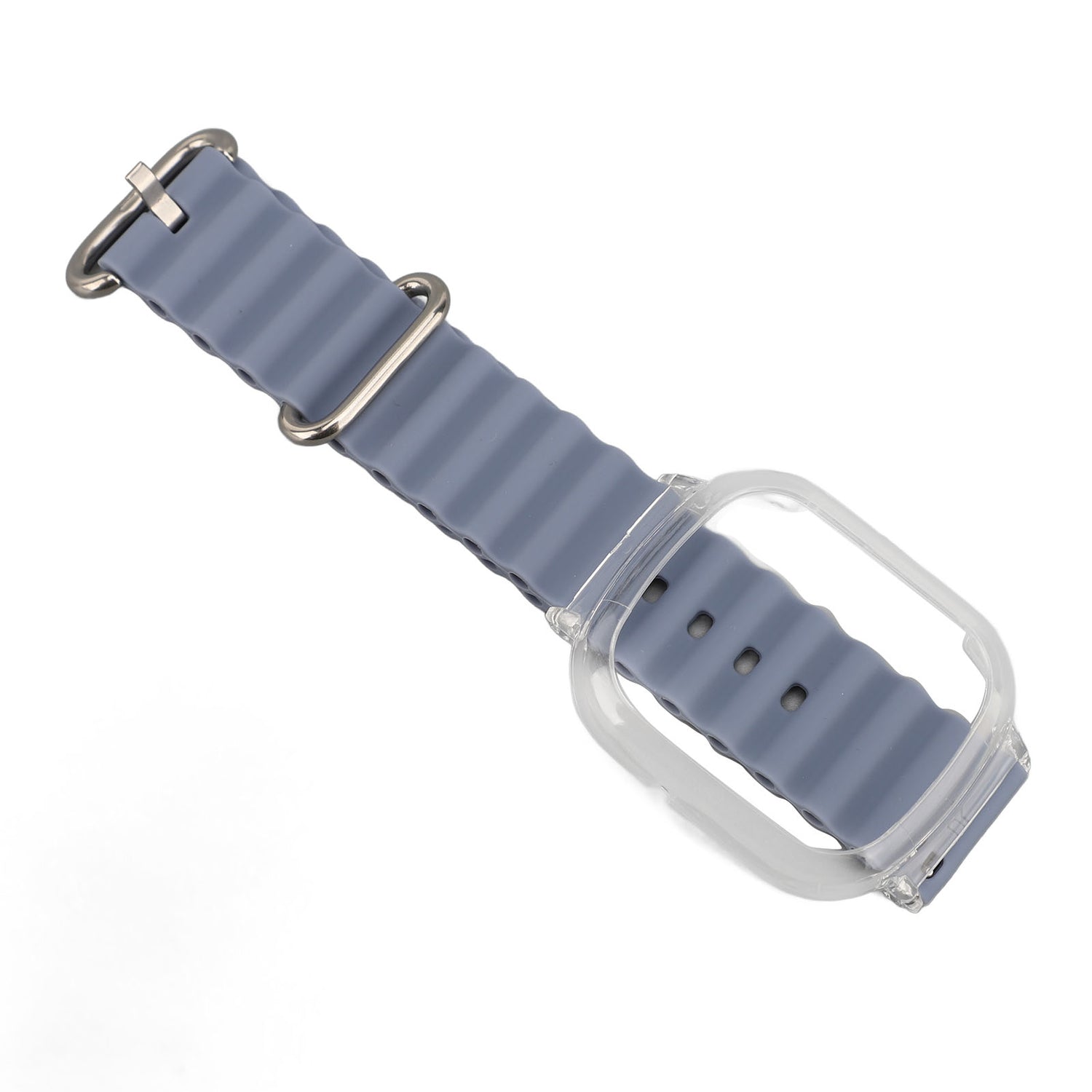 silicone replacement wristband for Watch 4 with silver hardware on a white background