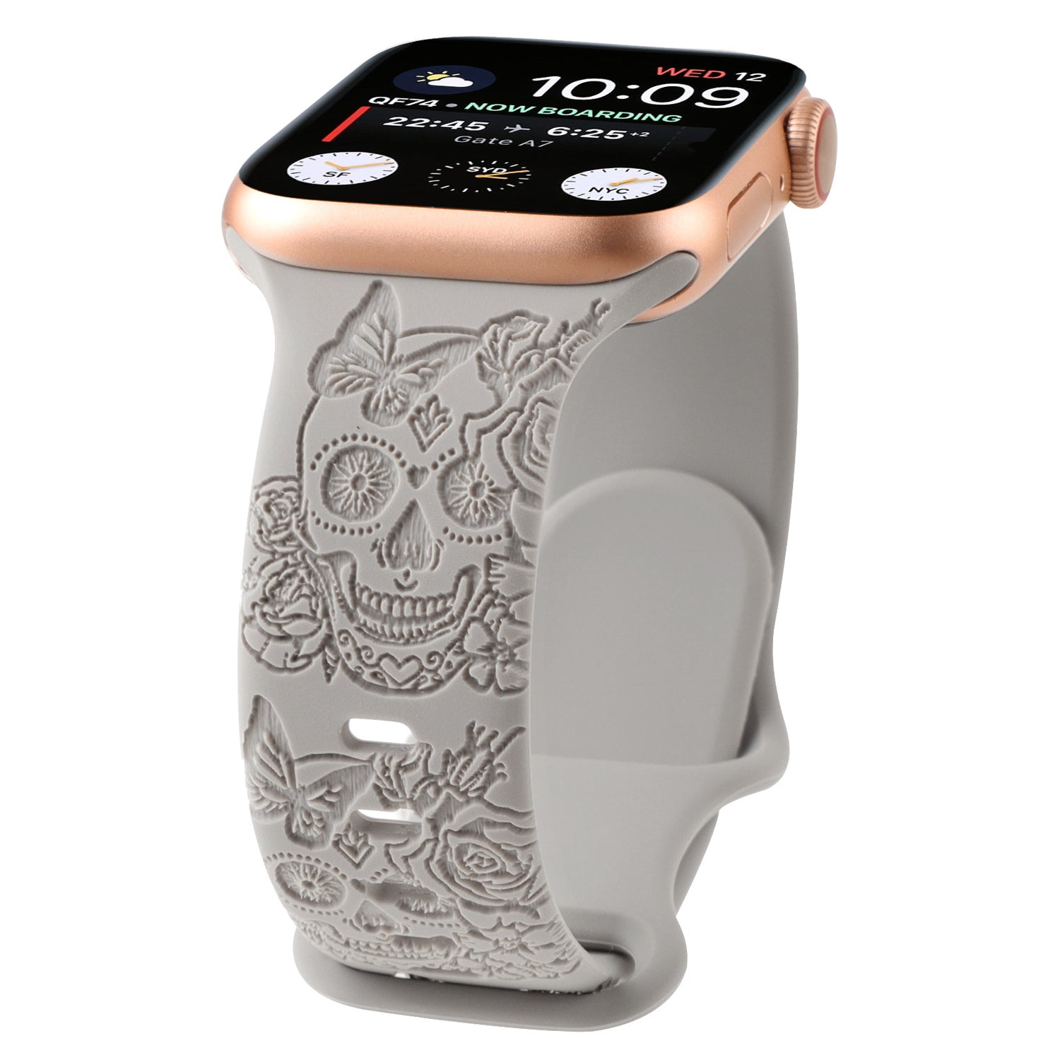 Relief 8-Character Buckle Skull Carving Silicone Watch Strapwith a decorative skull and floral patterned band on a white background