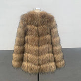 Faux raccoon fur overcoat women in seedling yellow patchwork design, long sleeves, street fashion style.