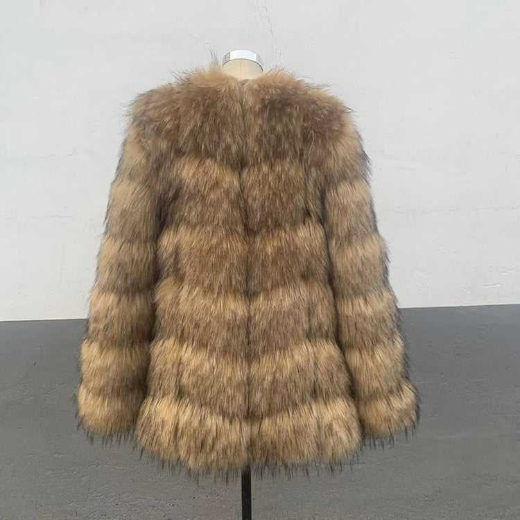 Faux raccoon fur overcoat women in seedling yellow patchwork design, long sleeves, street fashion style.