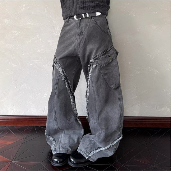 Washed Distressed Patchwork Loose Wide-Leg Pants For Men