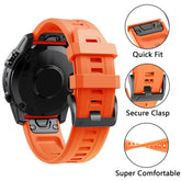 Orange Silicone Quick-release Watch Strap with quick fit, secure clasp, and super comfortable features on a white background.
