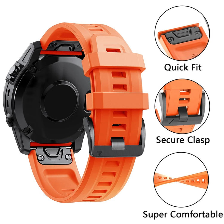 Orange Silicone Quick-release Watch Strap with quick fit, secure clasp, and super comfortable features on a white background.