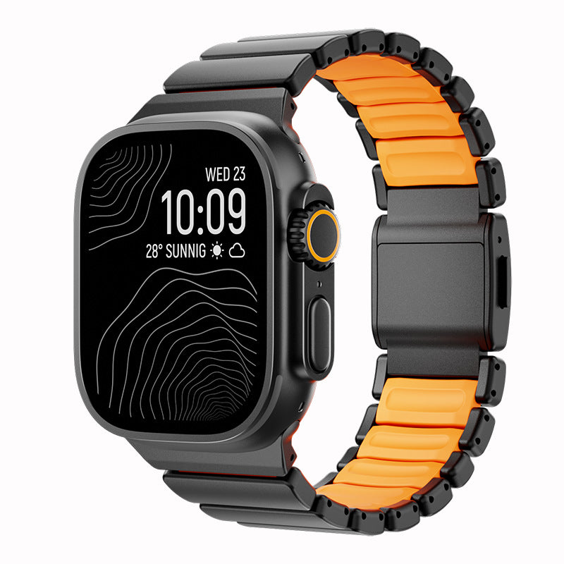 Titanium Norman Magnetic Clasp Ultra3 Watch Strap with black and orange band on a white background