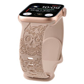 Relief 8-Character Buckle Skull Carving Silicone Watch Strapwith a decorative skull and floral band on a white background