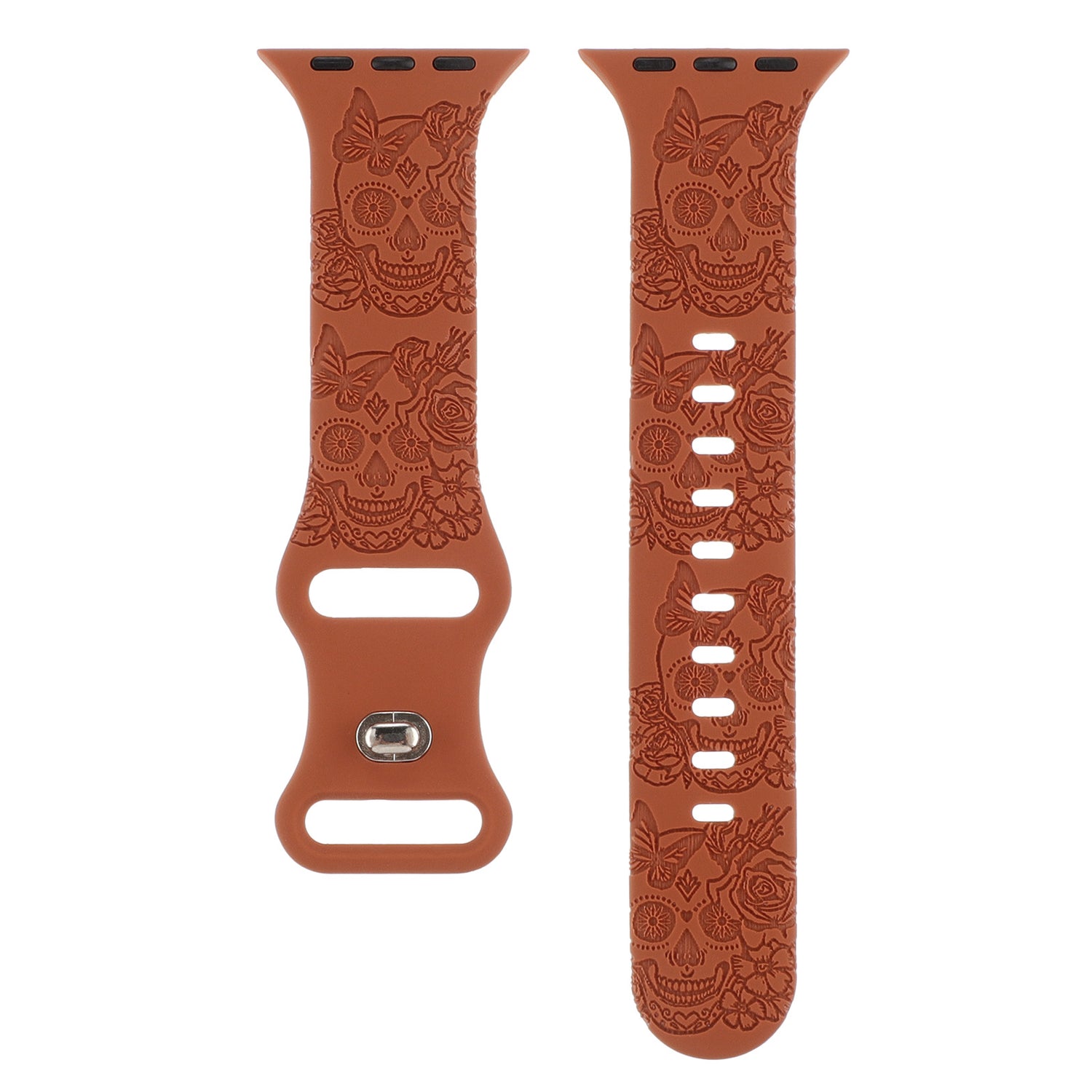 Relief 8-Character Buckle Skull Carving Silicone Watch Strap with skull and floral patterns on a white background