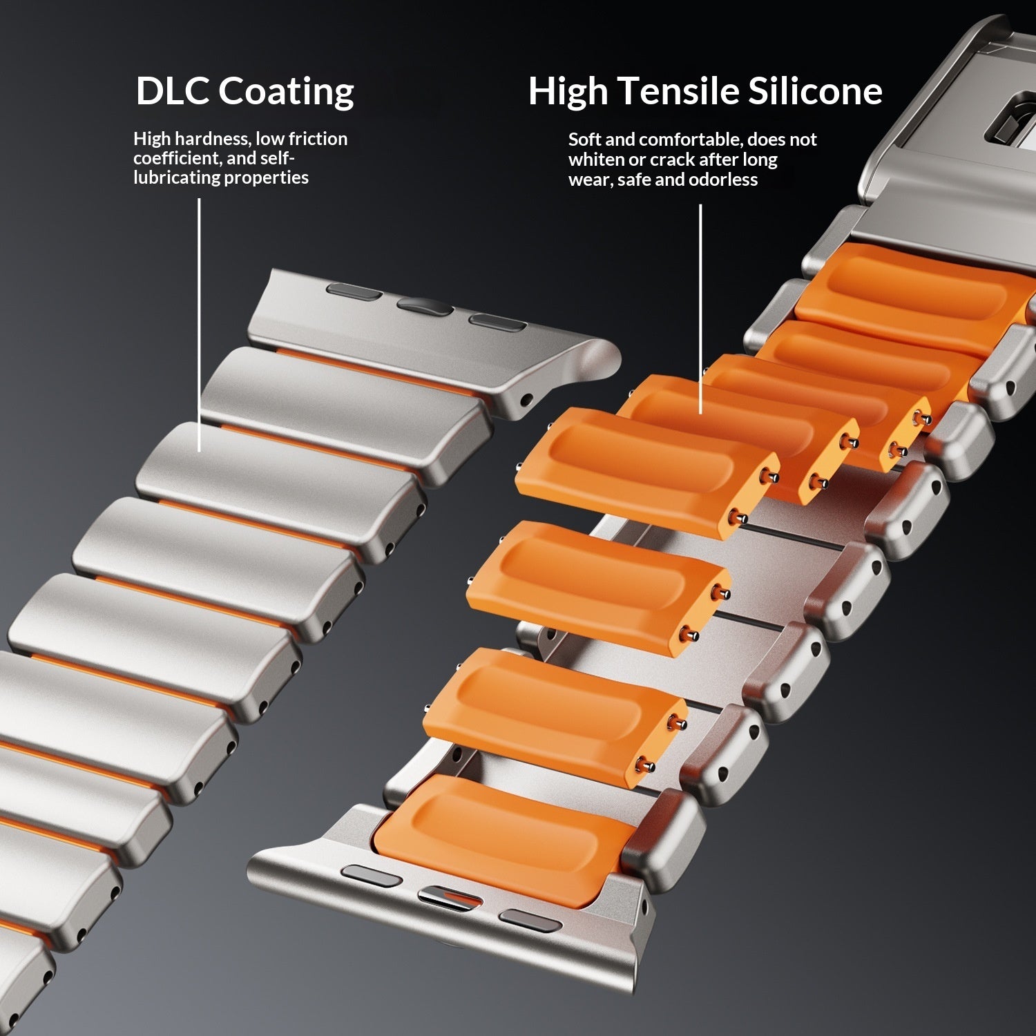 Titanium Norman Magnetic Clasp Ultra3 Watch Strap with DLC coating and high tensile silicone material on a dark background