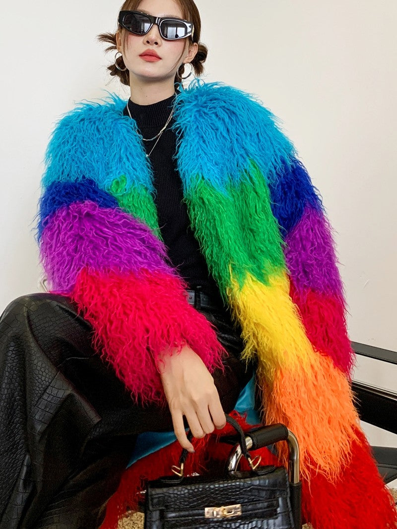 Contrast-color Plush Patchwork Coat Winter Lambswool Coat