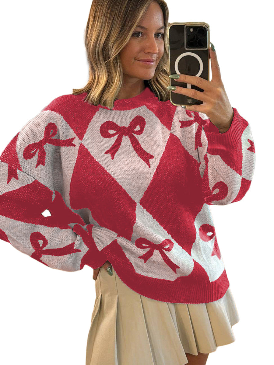 Womens Trendy Pullover Sweater With A Bow-knot Print And Long Knitted 