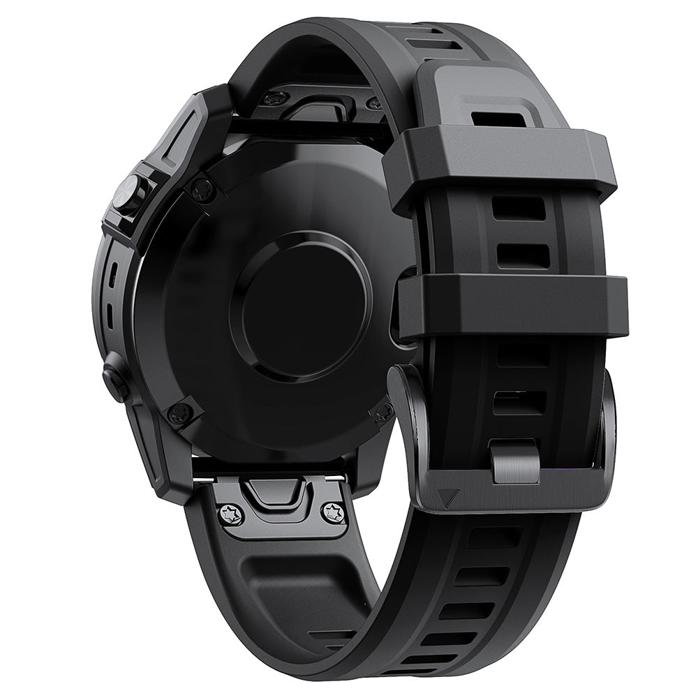 Black Silicone Quick-release Watch Strap with a detailed case and band on a white background