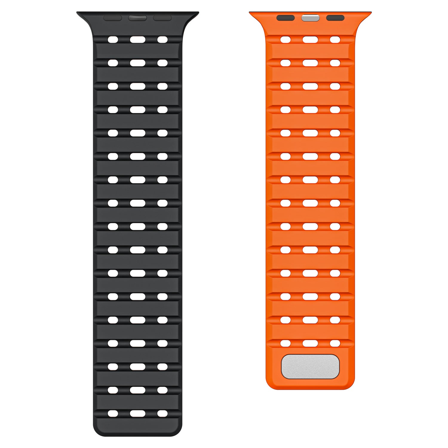 Breathable Magnetic-Attachment Perforated Watch Strap with a silver logo on a white background