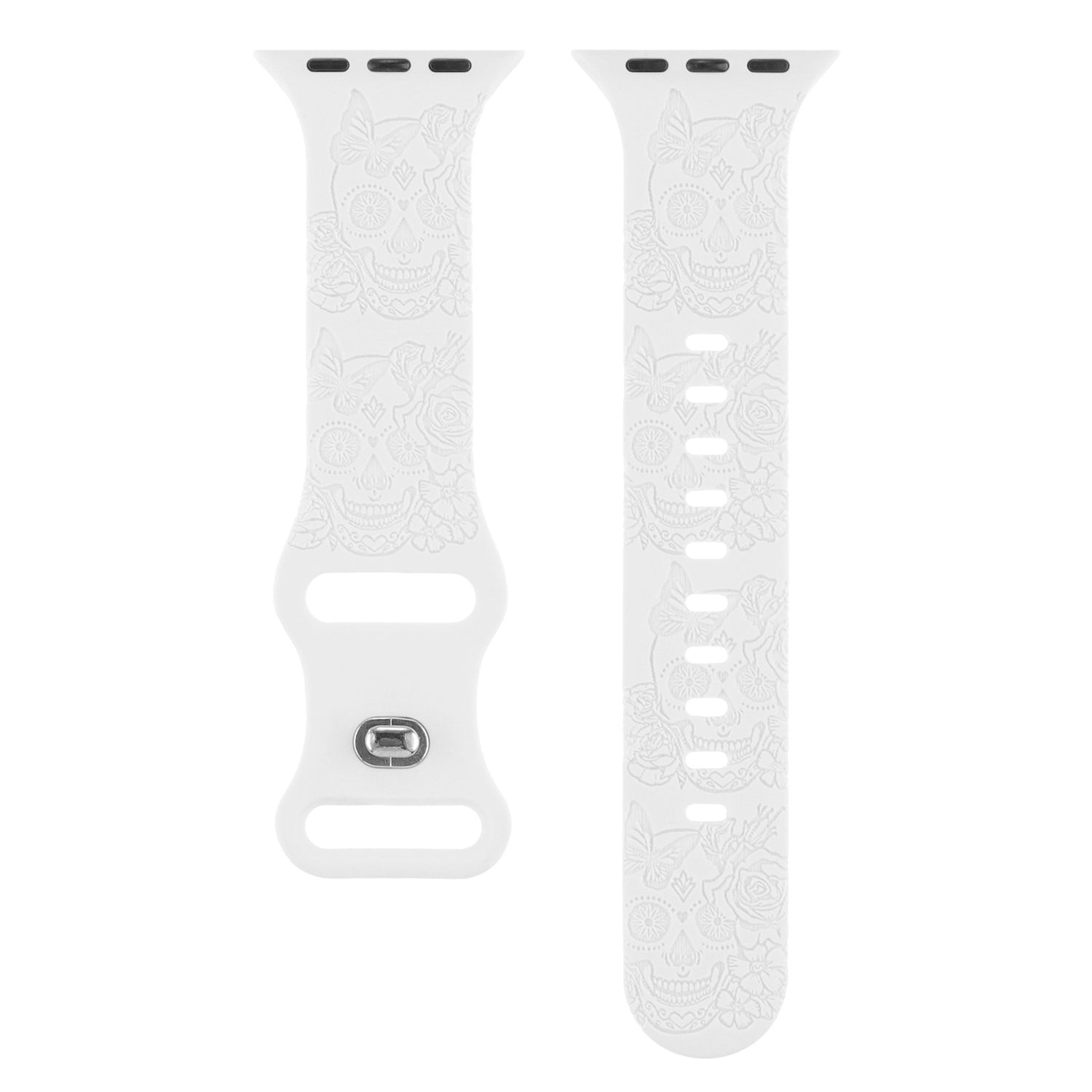 Relief 8-Character Buckle Skull Carving Silicone Watch StrapWhite textured watch band on a white background