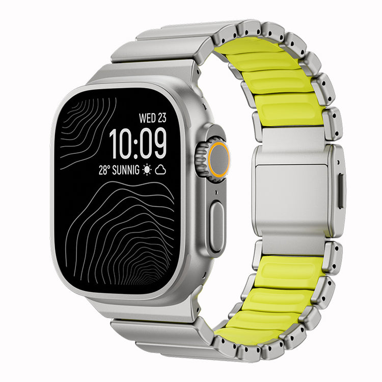 Titanium Norman Magnetic Clasp Ultra3 Watch Strap with a silver frame and yellow band on a white background