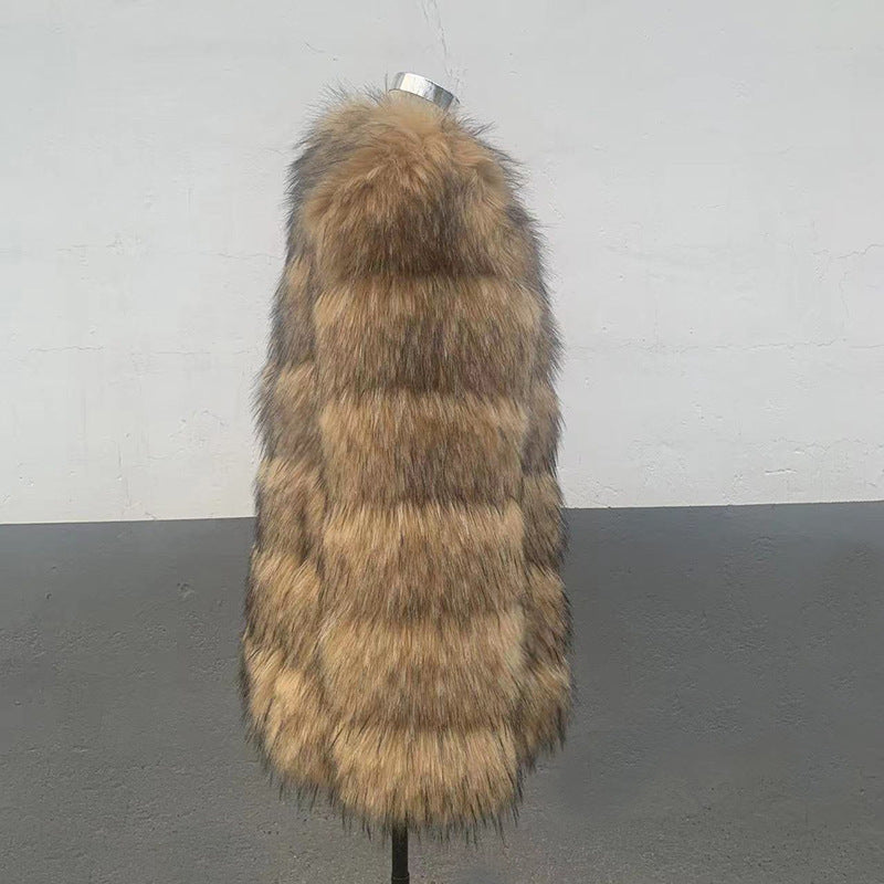 Faux raccoon fur overcoat women displayed on mannequin with long fur stripes in seedling yellow.