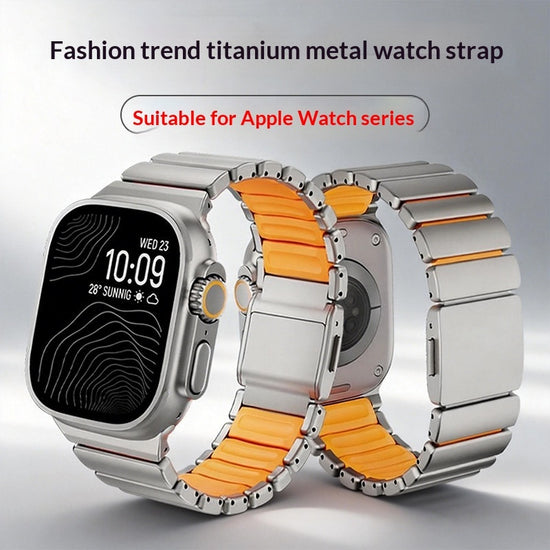 Silver and orange Titanium Norman Magnetic Clasp Ultra3 Watch Strap for Apple Watch on a light gray background