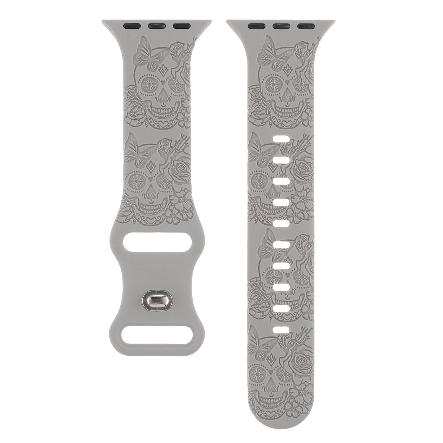Relief 8-Character Buckle Skull Carving Silicone Watch Strapand skull patterned watch band on a white background