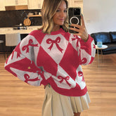 Womens Trendy Pullover Sweater With A Bow-knot Print And Long Knitted 