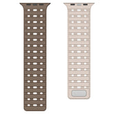 Breathable Magnetic-Attachment Perforated Watch Strap, one brown and one beige with a silver buckle, on a white background.