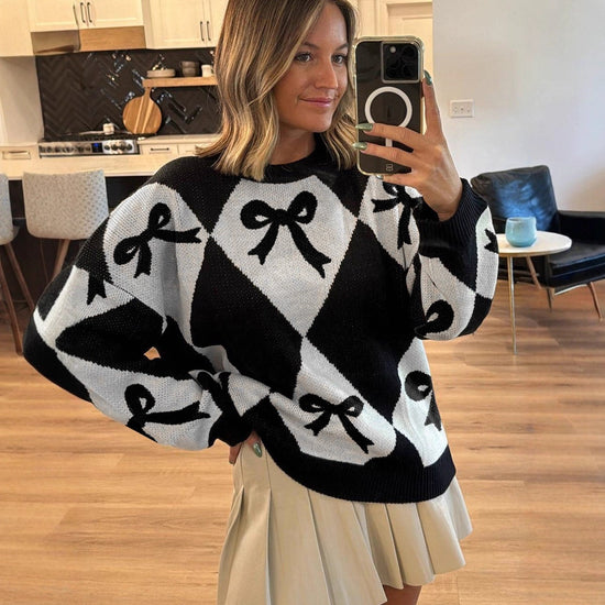 Womens Trendy Pullover Sweater With A Bow-knot Print And Long Knitted 