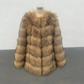 Faux raccoon fur overcoat women in seedling yellow color with long sleeves and pockets, featuring a plush patchwork design.