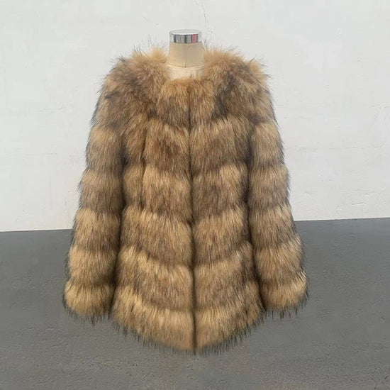 Faux raccoon fur overcoat women in seedling yellow color with long sleeves and pockets, featuring a plush patchwork design.