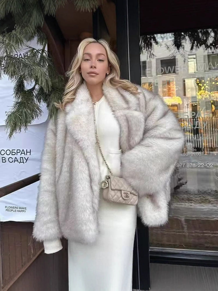 Mid Length Womens Faux Fox Fur Coat With A Blazer Style 