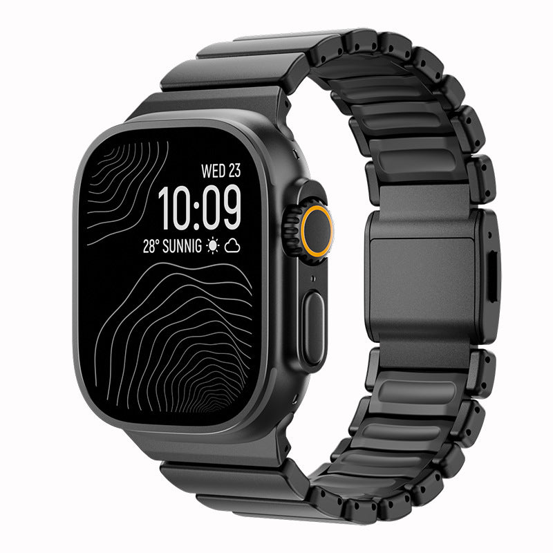 Titanium Norman Magnetic Clasp Ultra3 Watch Strap with a black metal band on a white background