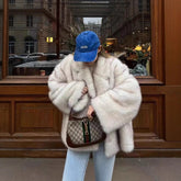 Mid Length Womens Faux Fox Fur Coat With A Blazer Style 