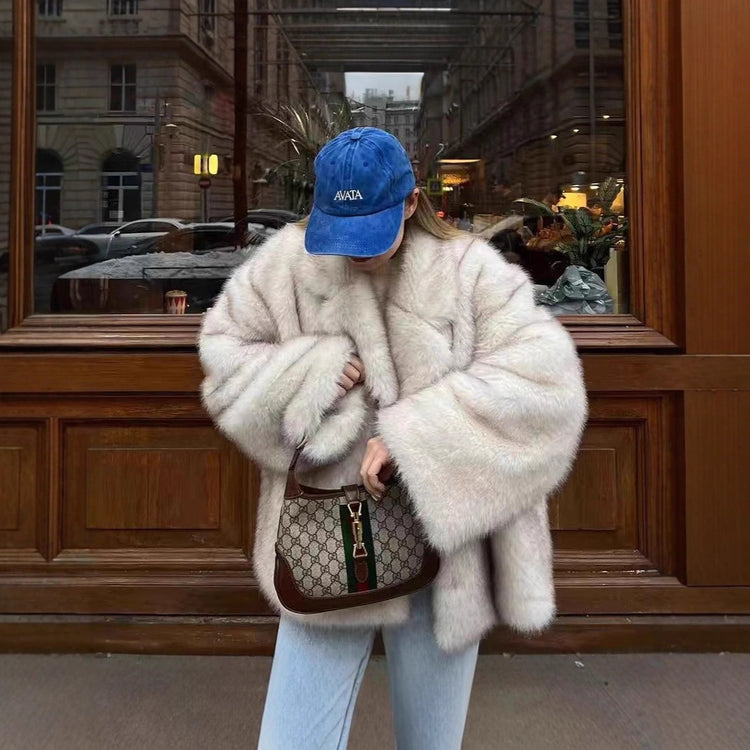 Mid Length Womens Faux Fox Fur Coat With A Blazer Style 