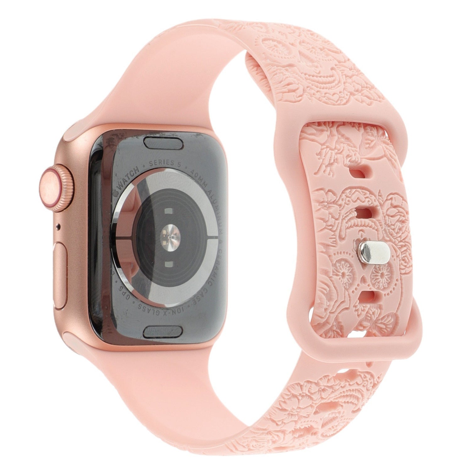 Relief 8-Character Buckle Skull Carving Silicone Watch Strap with intricate skull design in pink silicone.