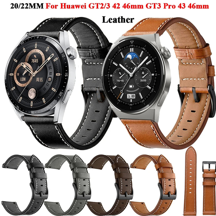 Premium Leather Watch Strap for GT3 Pro & GTR3 | 20mm & 22mm | Minimalist Design with leather straps on a white background, showcasing different strap colors.