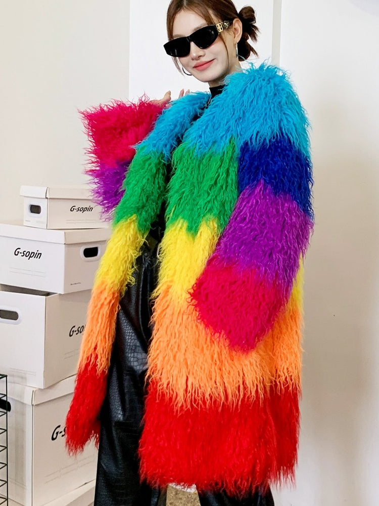 Contrast-color Plush Patchwork Coat Winter Lambswool Coat
